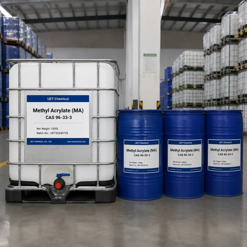 methyl-acrylate-cas-96-33-3-ibc-tote-drum-packaging Methyl Acrylate (MA) CAS 96-33-3 packaging options: 1000L IBC tote and 200kg blue drums with UET Chemical label