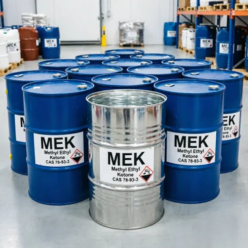 Industrial blue steel drums and an open silver drum of Methyl Ethyl Ketone (MEK) CAS 78-93-3 in a clean warehouse, featuring large, legible "MEK" labels with GHS hazard pictograms (flammable liquid) for standard chemical storage.