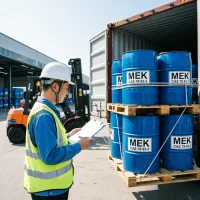 methyl-ethyl-ketone-mek-cas-78-93-3-bulk-container-loading-export Chinese warehouse worker wearing safety vest and helmet performing a final inventory check on pallets of Methyl Ethyl Ketone (MEK) CAS 78-93-3 blue drums, as the forklift prepares to load them into an export shipping container for safe bulk delivery.