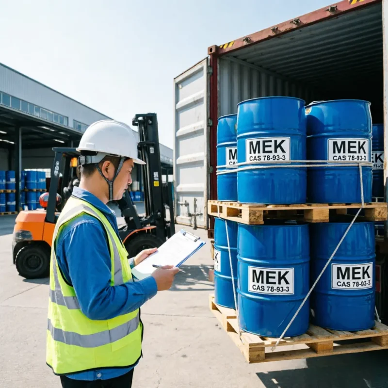 methyl-ethyl-ketone-mek-cas-78-93-3-bulk-container-loading-export Chinese warehouse worker wearing safety vest and helmet performing a final inventory check on pallets of Methyl Ethyl Ketone (MEK) CAS 78-93-3 blue drums, as the forklift prepares to load them into an export shipping container for safe bulk delivery.