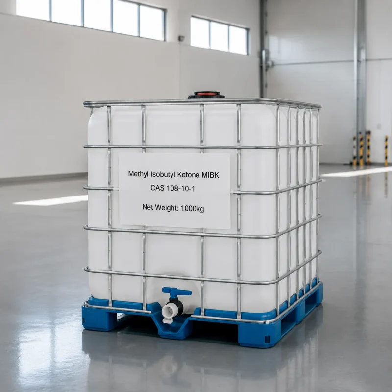 methyl-isobutyl-ketone-mibk-cas-108-10-1-1000kg-white-ibc-tote 1000kg white IBC tote of Methyl Isobutyl Ketone MIBK CAS 108-10-1 with metal frame and bottom valve on a blue pallet in a bright warehouse, label showing product name and net weight.