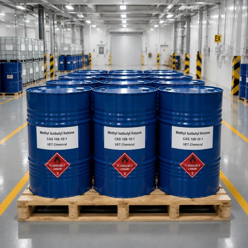 methyl-isobutyl-ketone-mibk-cas-108-10-1-blue-metal-drums-in-warehouse Multiple blue metal drums of Methyl Isobutyl Ketone MIBK CAS 108-10-1 stacked on wooden pallets in a spacious warehouse, each labeled with product name, CAS number, UET Chemical branding, and flammable liquid hazard symbol.
