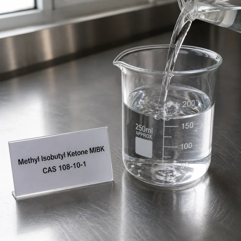 methyl-isobutyl-ketone-mibk-cas-108-10-1-clear-liquid-poured-into-beaker Clear liquid of Methyl Isobutyl Ketone MIBK CAS 108-10-1 being poured into a 250ml graduated glass beaker on a stainless steel lab bench, next to a label card showing product name and CAS number.