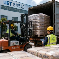 mhec-cellulose-ether-container-loading-forklift-uet Industrial export of UET brand MHEC cellulose ether: a forklift loading palletized 25kg bags into a shipping container, ensuring reliable B2B bulk supply and global logistics for the construction industry.