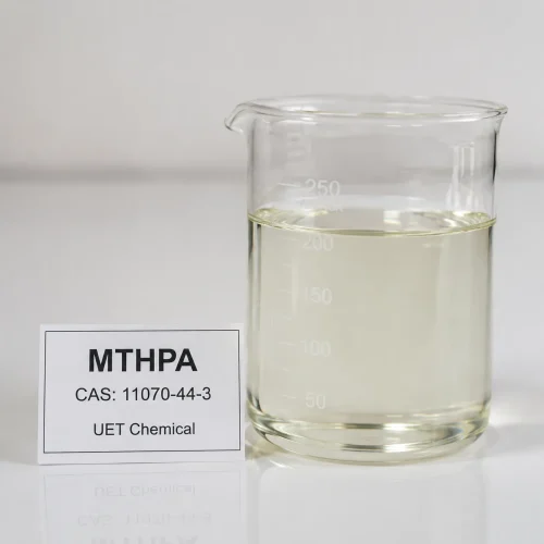 Clear to pale yellow liquid sample of Methyltetrahydrophthalic Anhydride (MTHPA) CAS 11070-44-3 in a 250ml glass beaker, with product label showing UET Chemical branding.