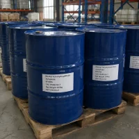 Row of blue plastic drums (Net Weight: 200kg each) containing Methyl Tetrahydrophthalic Anhydride (MTHPA, CAS 19438-64-3) stacked on wooden pallets in warehouse, labeled UET Chemical, industrial bulk packaging for epoxy curing agent distribution