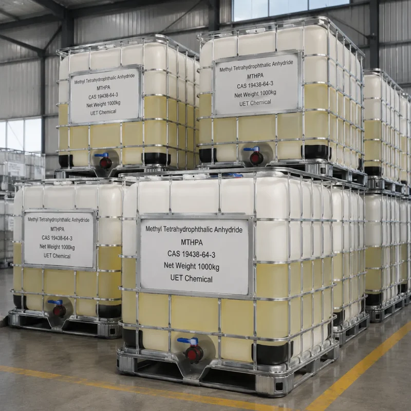 Stacked white IBC ton containers (Net Weight: 1000kg each) of Methyl Tetrahydrophthalic Anhydride (MTHPA, CAS 19438-64-3) in warehouse, labeled UET Chemical, industrial bulk packaging for epoxy resin curing agent export