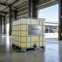 IBC ton container filled with pale yellow MTHPA CAS 11070-44-3 liquid, branded with UET Chemical, positioned in a warehouse loading area for industrial distribution.