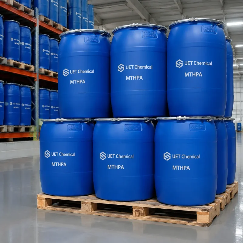 Stacked blue industrial plastic drums of MTHPA CAS 11070-44-3 on wooden pallets in a warehouse, labeled with UET Chemical branding, ready for bulk shipment.