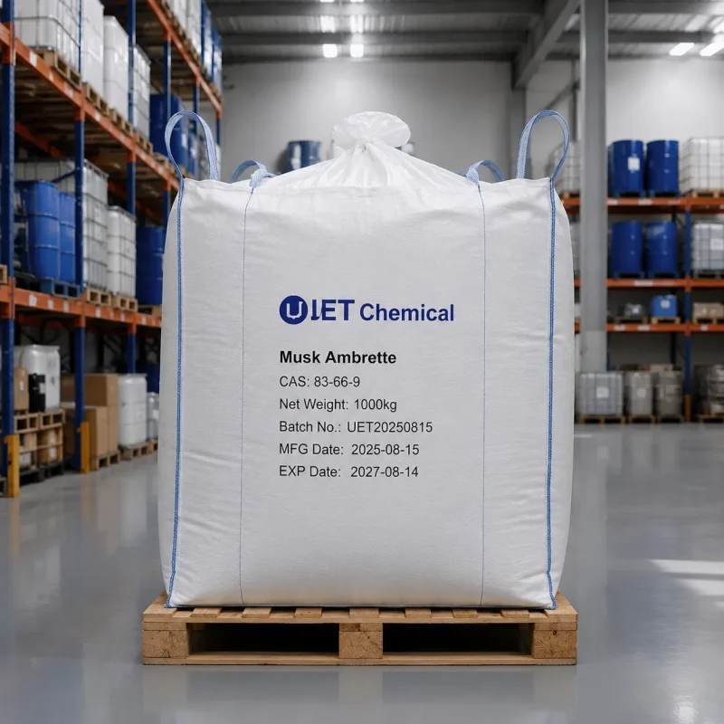 musk-ambrette-1000kg-ton-bag-fibc-cas-83-66-9 1000kg FIBC ton bag of musk ambrette CAS 83-66-9 with blue lifting loops on wooden pallet in UET Chemical warehouse