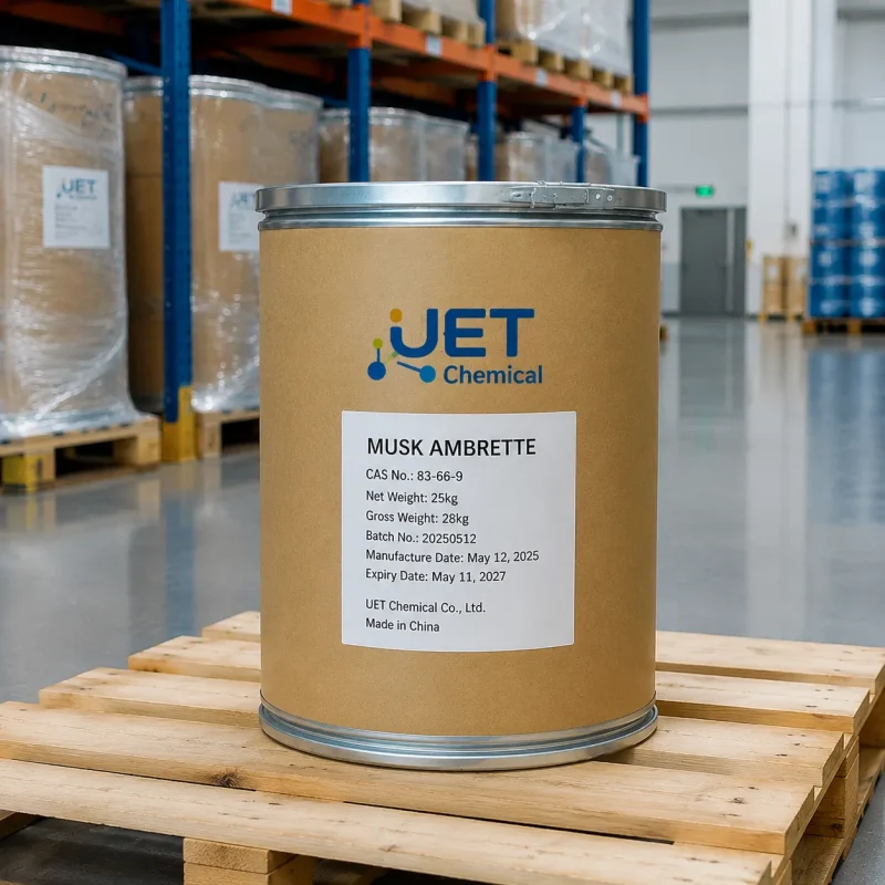 musk-ambrette-25kg-fiber-drum-fragrance-cas-83-66-9 25kg fiber drum of musk ambrette CAS 83-66-9 by UET Chemical on wooden pallet in warehouse, synthetic musk for fragrance