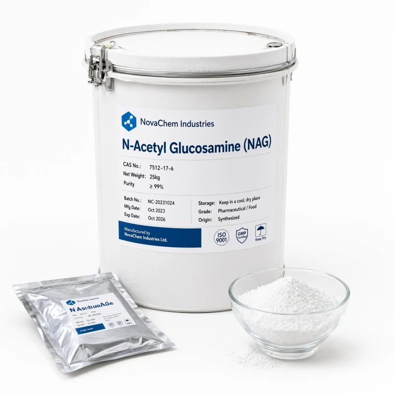 NAG CAS 7512-17-6 25kg Drum Packaging N-Acetyl Glucosamine (NAG) CAS 7512-17-6 in 25kg fiber drum with foil inner bag and white crystalline powder sample