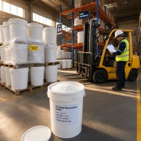 NAG Bulk Stock Ready for Export N-Acetyl Glucosamine (NAG) CAS 7512-17-6 export drums in warehouse, worker checking shipment, open drum shows white powder
