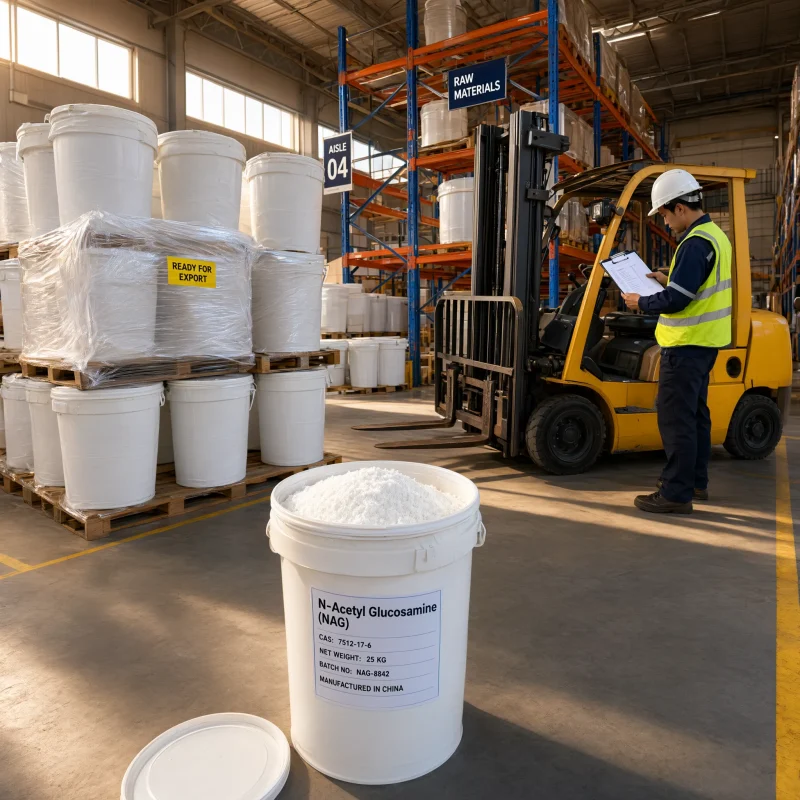 NAG Bulk Stock Ready for Export N-Acetyl Glucosamine (NAG) CAS 7512-17-6 export drums in warehouse, worker checking shipment, open drum shows white powder
