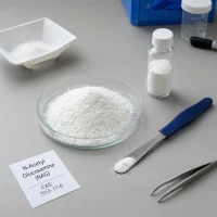 NAG White Crystalline Powder Close-up Close-up of white crystalline N-Acetyl Glucosamine (NAG) powder CAS 7512-17-6 in glass petri dish with lab spatula and sample vial
