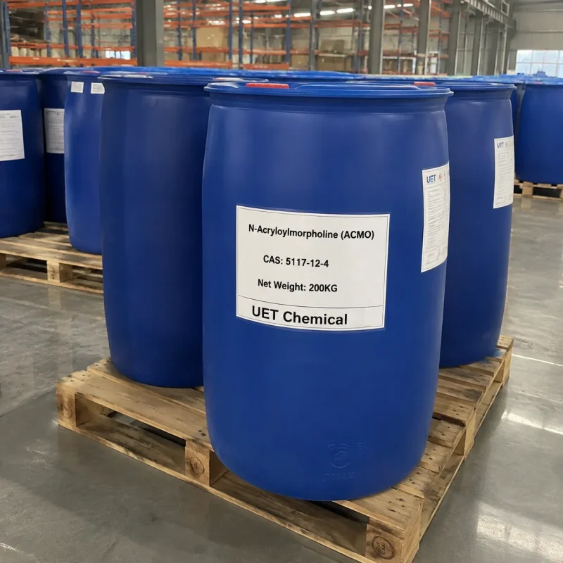 n-acryloylmorpholine-acmo-200kg-blue-drum-warehouse Multiple 200kg blue plastic drums of N-Acryloylmorpholine (ACMO, CAS 5117-12-4) on wooden pallets in industrial warehouse, labeled UET Chemical, bulk chemical packaging for UV curing applications