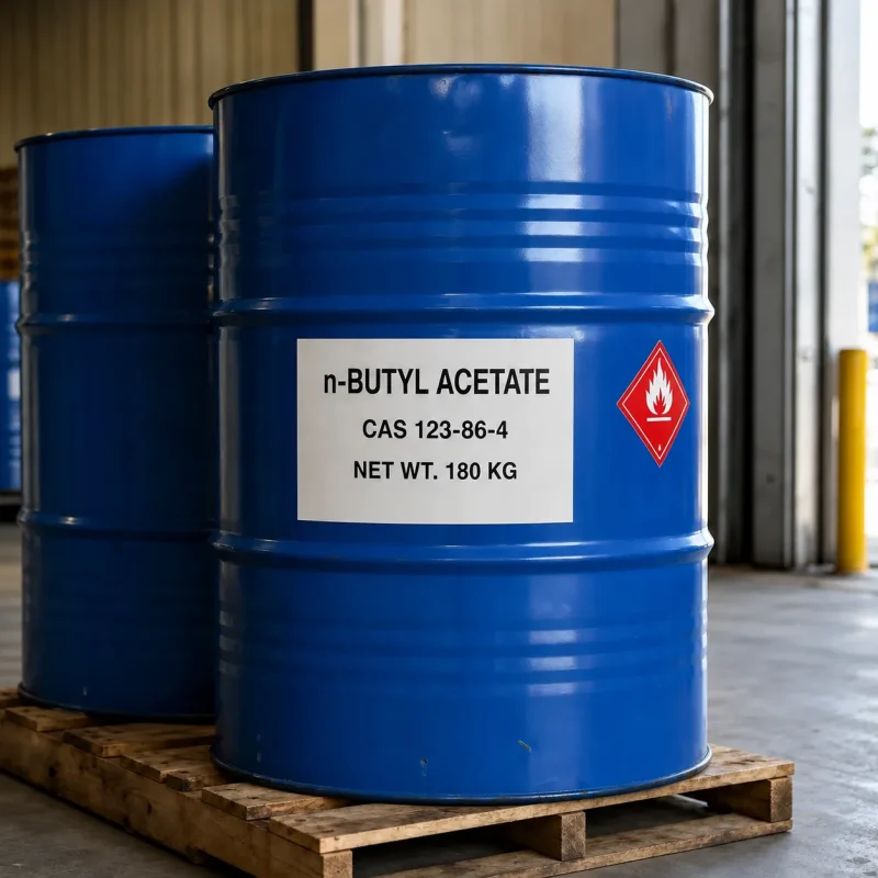 n-butyl-acetate-cas-123-86-4-180kg-steel-drum n-Butyl Acetate CAS 123-86-4 packed in 180 kg blue steel drum with Class 3 flammable liquid label on warehouse pallet