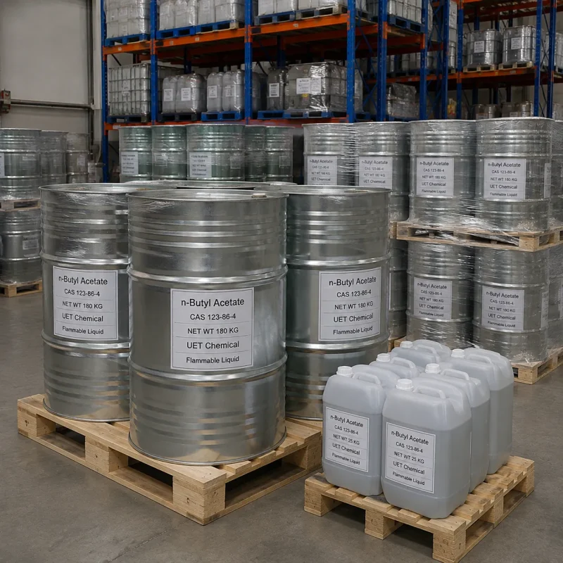 n-butyl-acetate-cas-123-86-4-bulk-stock-drum-25kg-can Warehouse stock of n-Butyl Acetate CAS 123-86-4 in 180 kg galvanized drums and 25 kg cans for bulk B2B supply