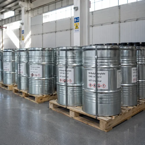N-Butyl Acrylate CAS 141-32-2 packed in 200L galvanized steel drums on wooden pallets in UET Chemical warehouse