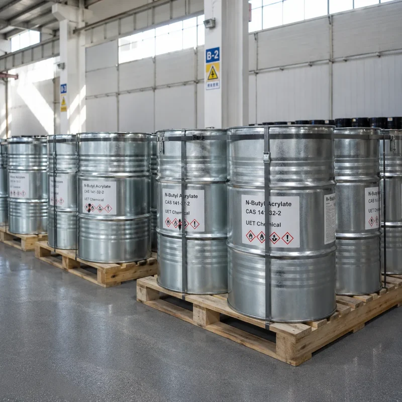n-butyl-acrylate-cas-141-32-2-200l-steel-drum-packaging N-Butyl Acrylate CAS 141-32-2 packed in 200L galvanized steel drums on wooden pallets in UET Chemical warehouse