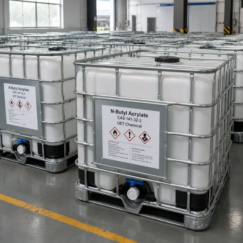 n-butyl-acrylate-cas-141-32-2-ibc-tote-packaging N-Butyl Acrylate CAS 141-32-2 bulk packaging in 1000L IBC tote tanks ready for shipment at UET Chemical warehouse