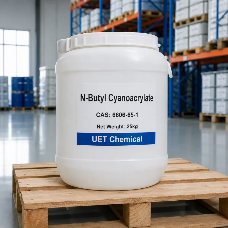 n-butyl-cyanoacrylate-cas-6606-65-1-25kg-white-plastic-pail White plastic pail of N-Butyl Cyanoacrylate CAS 6606-65-1 sitting on a wooden pallet in a warehouse, labeled with Net Weight 25kg and UET Chemical logo.