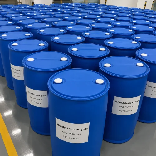 Rows of blue industrial drums containing N-Butyl Cyanoacrylate CAS 6606-65-1 stored in a warehouse, demonstrating large-scale bulk stock and manufacturing capacity of UET Chemical.