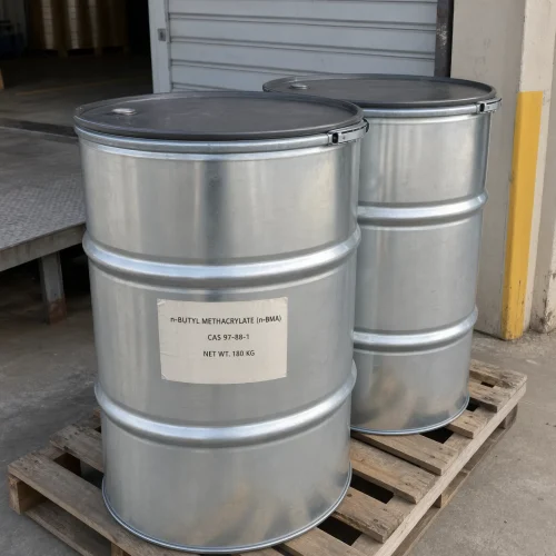 n-butyl-methacrylate-n-bma-cas-97-88-1-180kg-galvanized-steel-drums Open-head galvanized steel drums of n-butyl methacrylate (n-BMA) CAS 97-88-1, net weight 180 kg, on wooden pallet at warehouse loading area