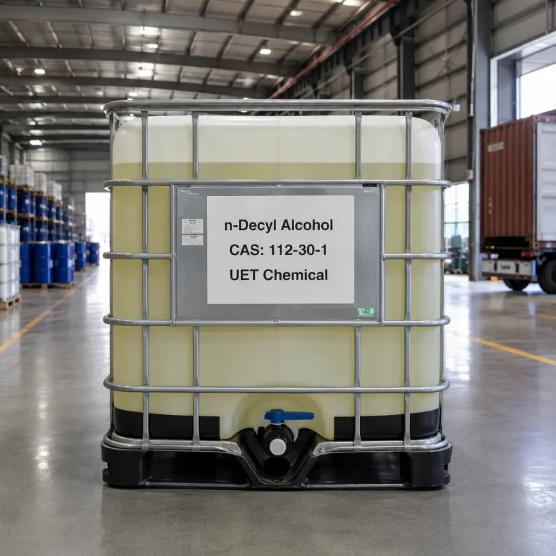 n-decyl-alcohol-cas-112-30-1-ibc-tote-bulk-liquid-packaging Bulk liquid packaging of n-Decyl Alcohol CAS 112-30-1 in a white IBC tote with metal cage, labeled with UET Chemical brand in an industrial warehouse.