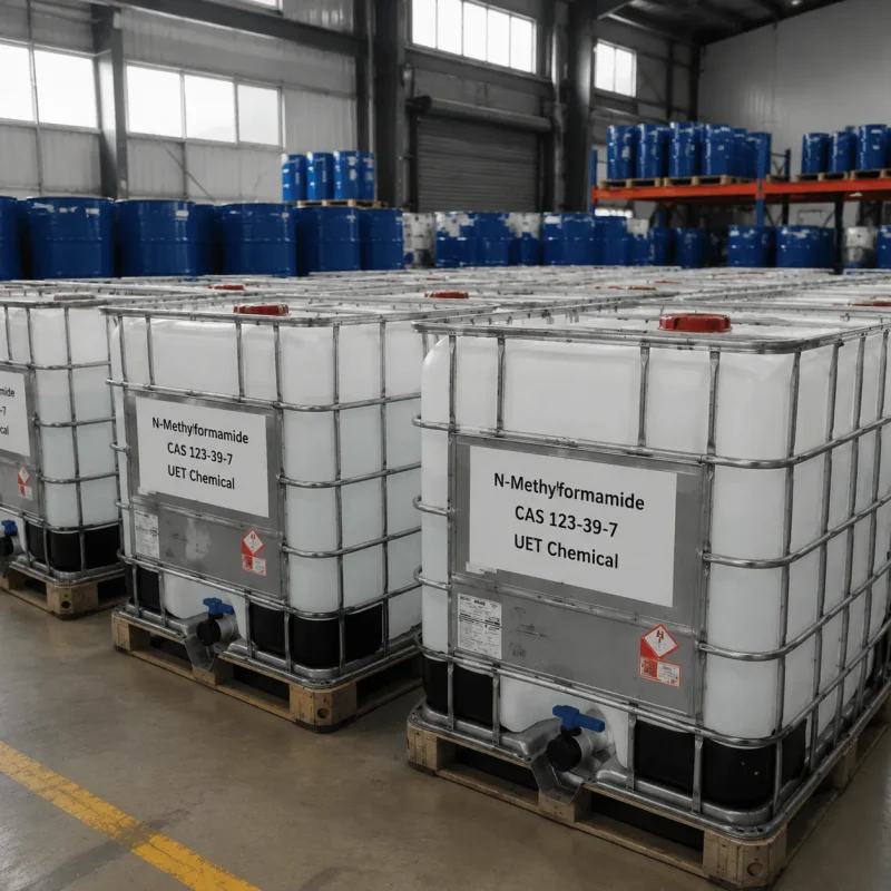 n-methylformamide-nmf-ibc-tote-tank-flammable-hazard White IBC tote tanks with metal cage frames containing N-Methylformamide (NMF, CAS 123-39-7), labeled UET Chemical, displaying flammable liquid hazard symbol, stored in warehouse for large-volume distribution