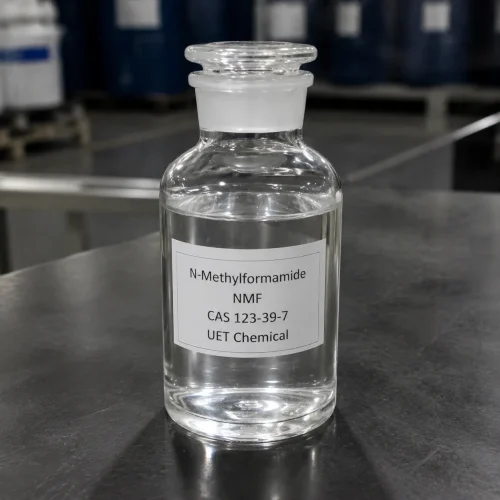 n-methylformamide-nmf-liquid-sample-bottle Clear glass reagent bottle containing colorless liquid N-Methylformamide (NMF, CAS 123-39-7) on stainless steel lab table, labeled UET Chemical, sample for purity and solvent property demonstration