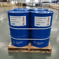 n-n-diethylformamide-cas-617-84-5-180kg-un-steel-drums-pallet 180 kg UN-certified steel drums of N,N-Diethylformamide (CAS 617-84-5) with GHS pictograms on a pallet, UET warehouse