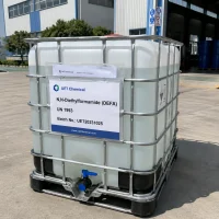 n-n-diethylformamide-defa-cas-617-84-5-ibc-tote-un1993 IBC tote of N,N-Diethylformamide (DEFA) labeled UN 1993 with batch number and SDS pouch at UET Chemical loading yard