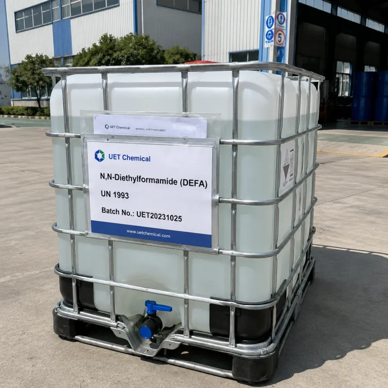 n-n-diethylformamide-defa-cas-617-84-5-ibc-tote-un1993 IBC tote of N,N-Diethylformamide (DEFA) labeled UN 1993 with batch number and SDS pouch at UET Chemical loading yard