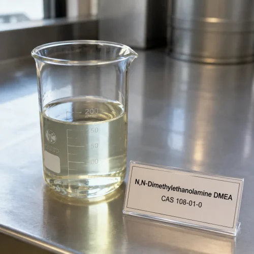 Clear liquid sample of N,N-Dimethylethanolamine DMEA CAS 108-01-0 in a transparent glass beaker on a metal lab bench, next to a label card showing product name and CAS number.