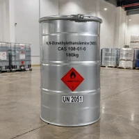 n-n-dimethylethanolamine-dmea-cas-108-01-0-silver-metal-drum-with-flammable-label Silver metal drum of N,N-Dimethylethanolamine DMEA CAS 108-01-0 in a warehouse, labeled with product name, CAS number, 180kg weight, flammable liquid GHS symbol, and UN 2051 code.