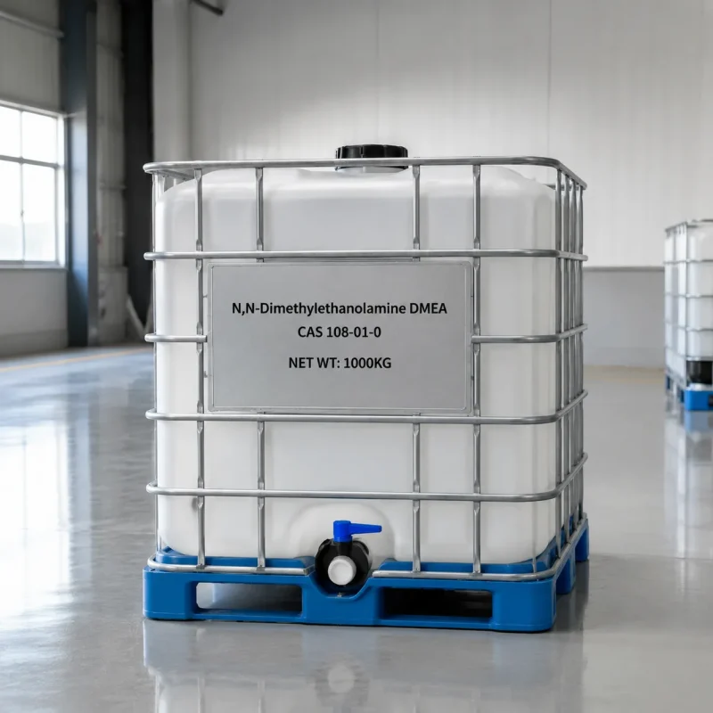n-n-dimethylethanolamine-dmea-cas-108-01-0-white-ibc-tote-in-warehouse White IBC tote of N,N-Dimethylethanolamine DMEA CAS 108-01-0 on a blue plastic pallet inside a warehouse, labeled with product name, CAS number, and net weight of 1000KG.