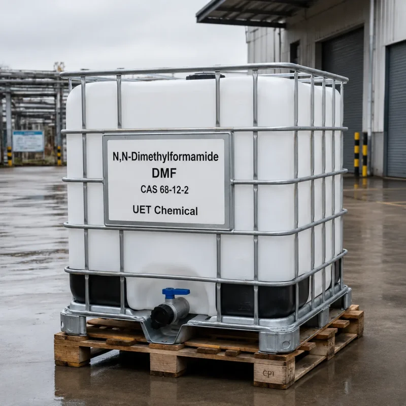 n-n-dimethylformamide-dmf-cas-68-12-2-white-ibc-tote-tank White IBC tote tank of N,N-Dimethylformamide (DMF) CAS 68-12-2 on a wooden pallet in an industrial warehouse, label showing UET Chemical branding.