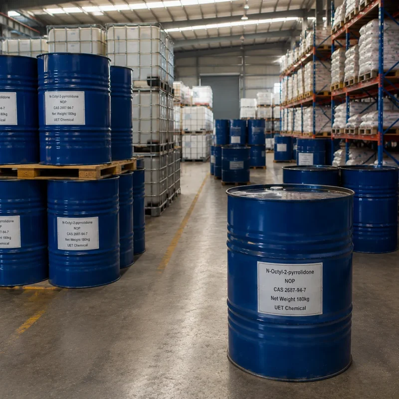 n-octyl-2-pyrrolidone-nop-cas-2687-94-7-blue-drum-warehouse Blue plastic drums (Net Weight: 180kg) of N-Octyl-2-pyrrolidone (NOP, CAS 2687-94-7) stacked on wooden pallets in warehouse aisle, labeled UET Chemical, industrial packaging for solvent and surfactant applications