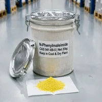 n-phenylmaleimide-cas-941-69-5-25kg-metal-drum-cool-dry-storage 25kg metal drum packaging of N-Phenylmaleimide (CAS 941-69-5) with a leak-proof aluminum foil liner and clamp lock. The label specifies "Keep in Cool & Dry Place," highlighting proper moisture-proof storage conditions for chemical raw materials.