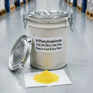 n-phenylmaleimide-cas-941-69-5-25kg-metal-drum-cool-dry-storage 25kg metal drum packaging of N-Phenylmaleimide (CAS 941-69-5) with a leak-proof aluminum foil liner and clamp lock. The label specifies "Keep in Cool & Dry Place," highlighting proper moisture-proof storage conditions for chemical raw materials.