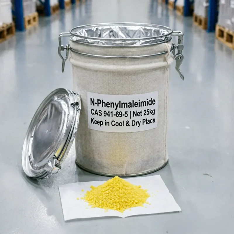 n-phenylmaleimide-cas-941-69-5-25kg-metal-drum-cool-dry-storage 25kg metal drum packaging of N-Phenylmaleimide (CAS 941-69-5) with a leak-proof aluminum foil liner and clamp lock. The label specifies "Keep in Cool & Dry Place," highlighting proper moisture-proof storage conditions for chemical raw materials.