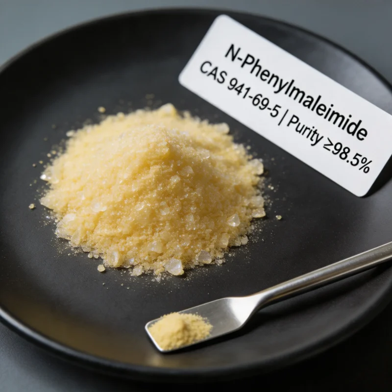 n-phenylmaleimide-cas-941-69-5-high-purity-98-percent-yellow-crystals High-purity N-Phenylmaleimide (CAS 941-69-5) yellow crystalline powder with ≥98.5% purity displayed on a dark dish with a sampling spoon, showcasing the fine texture required for polymer crosslinking and organic synthesis intermediates.