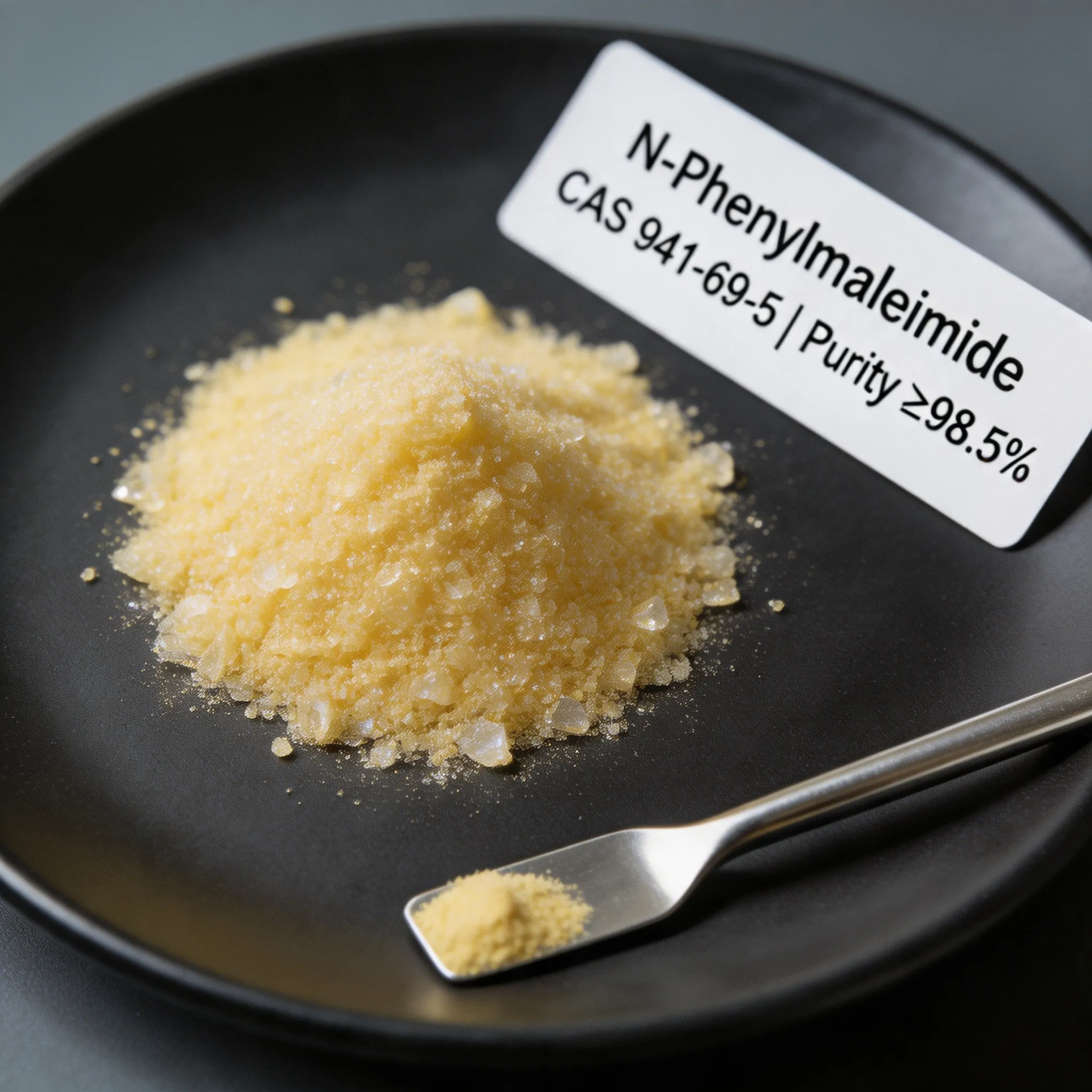 High-purity N-Phenylmaleimide (CAS 941-69-5) yellow crystalline powder with ≥98.5% purity displayed on a dark dish with a sampling spoon, showcasing the fine texture required for polymer crosslinking and organic synthesis intermediates.