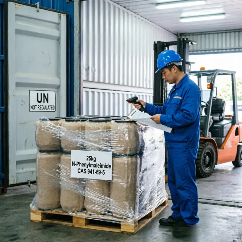 n-phenylmaleimide-cas-941-69-5-un-not-regulated-export-container B2B export shipment of N-Phenylmaleimide (CAS 941-69-5) 25kg drums on a pallet with stretch wrap, verified by a worker using a scanner. The container displays a "UN NOT REGULATED" label, ensuring non-hazardous and cost-effective global logistics.