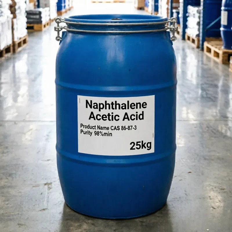naphthalene-acetic-acid-cas-86-87-3-25kg-blue-drum-purity-98 25kg blue locked drum of Naphthalene Acetic Acid CAS 86-87-3 with a clean label indicating 98% minimum purity and product specifications, ready for commercial agricultural chemical supply.