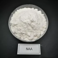 naphthalene-acetic-acid-naa-cas-86-87-3-white-powder-appearance Close-up of pure white Naphthalene Acetic Acid (NAA) CAS 86-87-3 powder in a glass dish with a label, showcasing its fine crystalline quality for plant growth regulator applications.