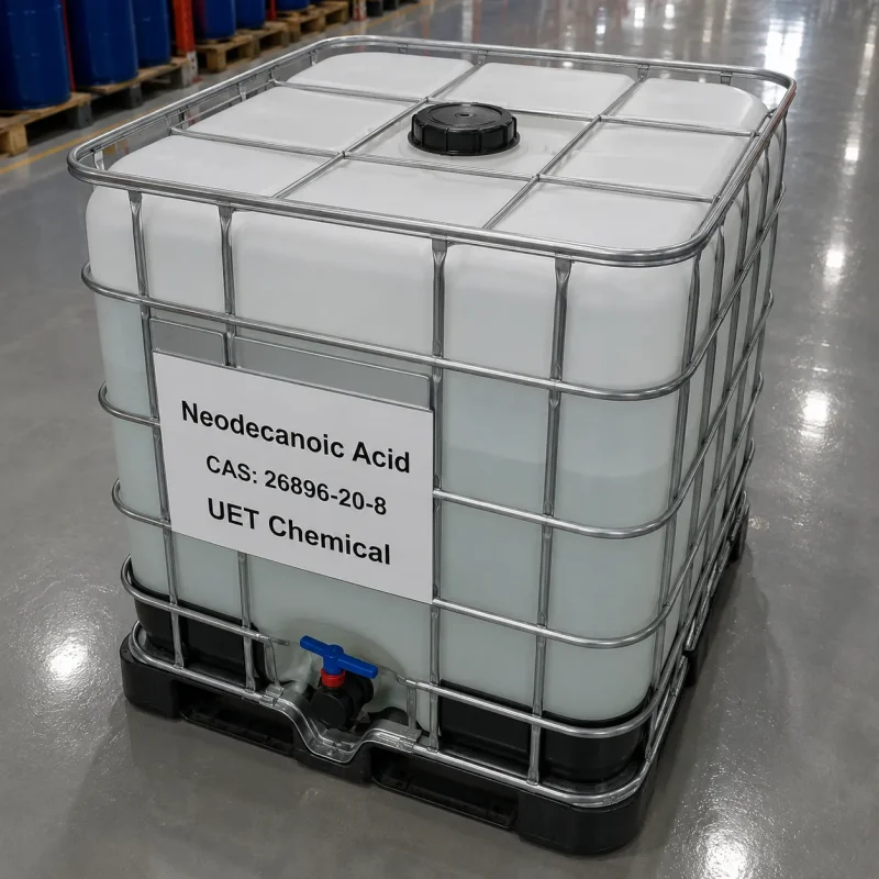 neodecanoic-acid-cas-26896-20-8-ibc-tote-tank-packaging IBC tote tank of Neodecanoic Acid CAS 26896-20-8 with metal cage frame, blue discharge valve, and black base pallet, labeled with product name, CAS number, and UET Chemical branding in a warehouse environment.