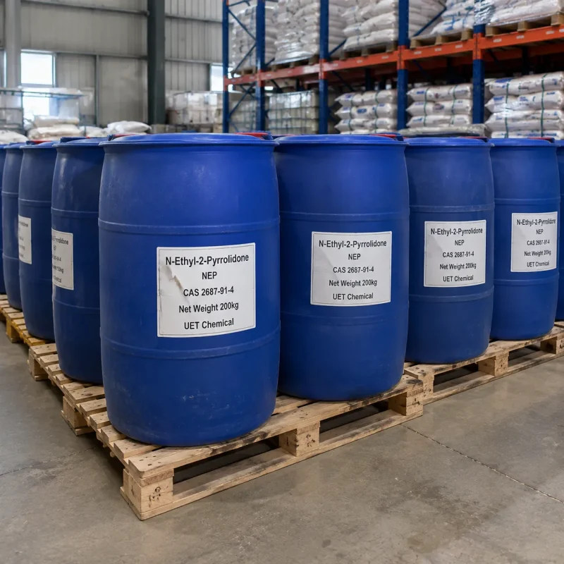 nep-cas-2687-91-4-blue-plastic-drum-bulk-packaging Row of blue plastic drums (Net Weight: 200kg each) containing N-Ethyl-2-Pyrrolidone (NEP, CAS 2687-91-4) stacked on wooden pallets in warehouse, labeled UET Chemical, industrial bulk packaging for export and manufacturing use