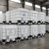 nep-n-ethyl-2-pyrrolidone-ibc-ton-container-1000kg-warehouse Stacked white IBC ton containers (Net Weight: 1000kg each) of N-Ethyl-2-Pyrrolidone (NEP, CAS 2687-91-4) in warehouse, all labeled UET Chemical, large-volume industrial packaging for bulk chemical supply and logistics
